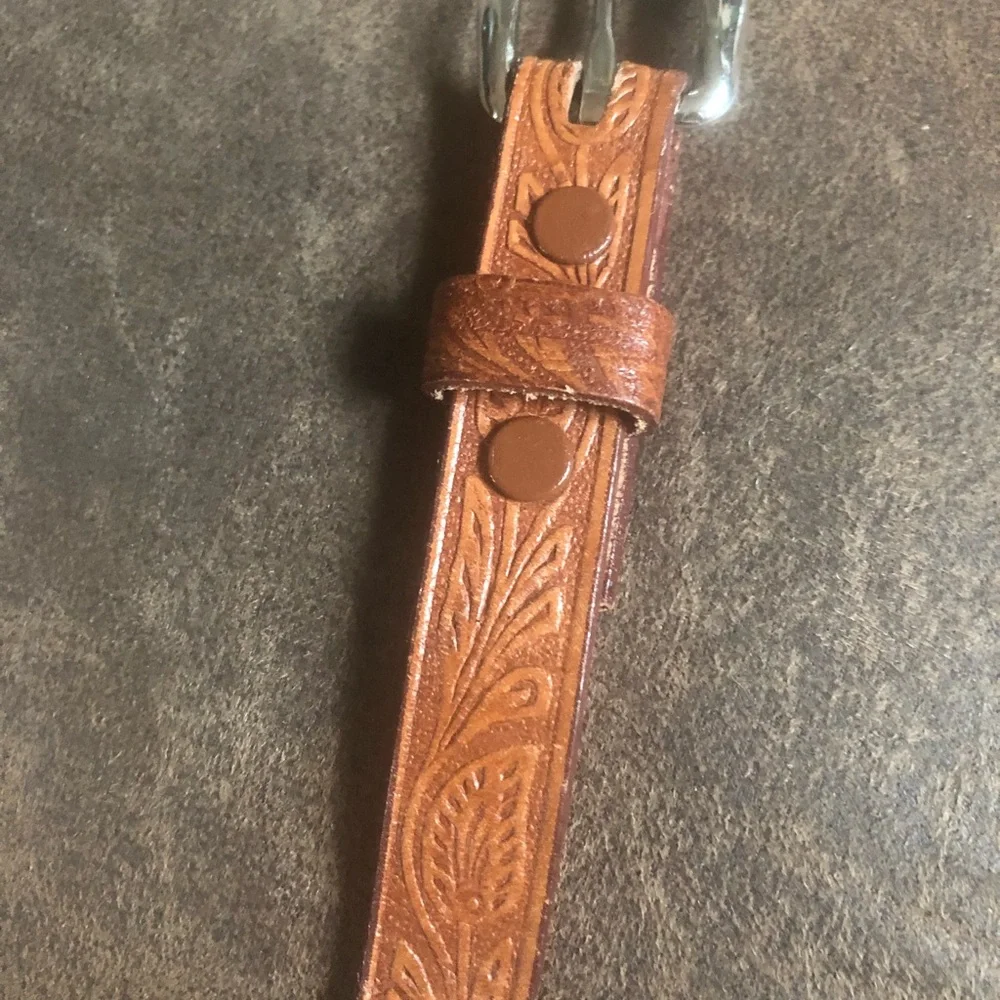 Vintage Indian Hand Beaded Brown Leather Belt w Silver Buckle